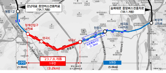 헌릉로 중앙버스전용차로 공사구간. 서울시 제공.
